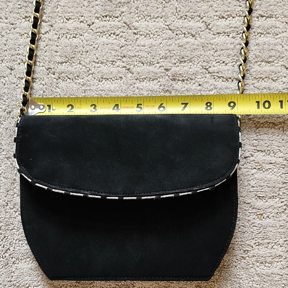 Elegant Black Suede Shoulder Bag W Gold Chain Strap